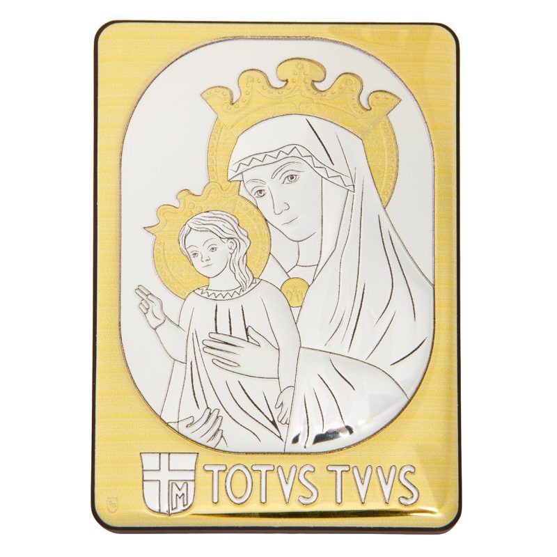 Quadro Madonna della Salute Mater Ecclesiae in laminato argento e oro, da appoggio e da muro