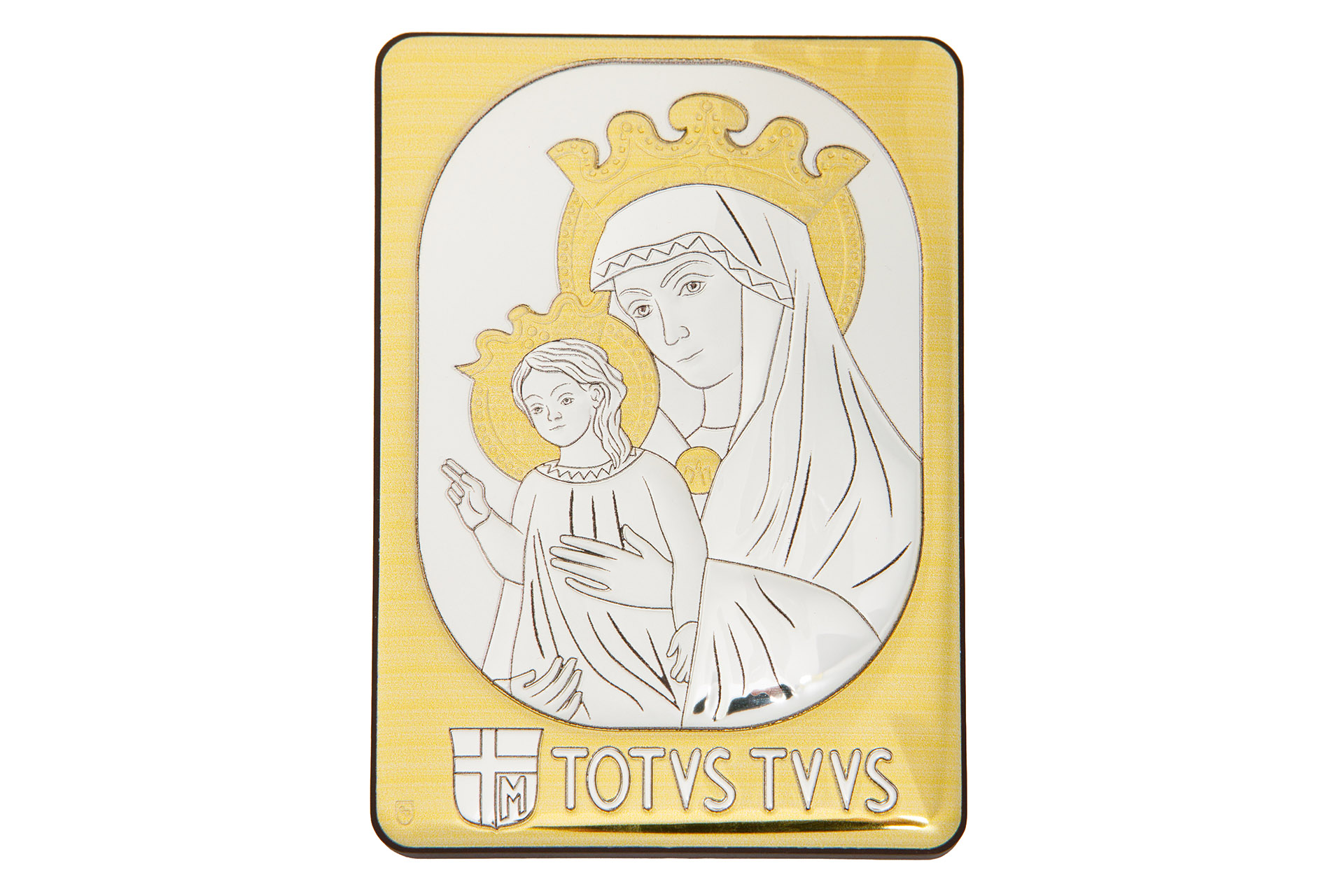 IMG_8909 Quadro Madonna della Salute Mater Ecclesiae in laminato argento e oro, da appoggio e da muro