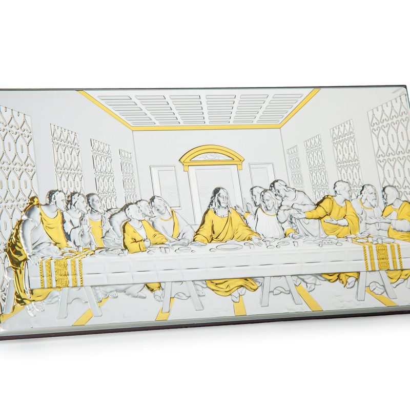 Quadro Ultima Cena in laminato argento e dettagli dorati, da appoggio e da muro