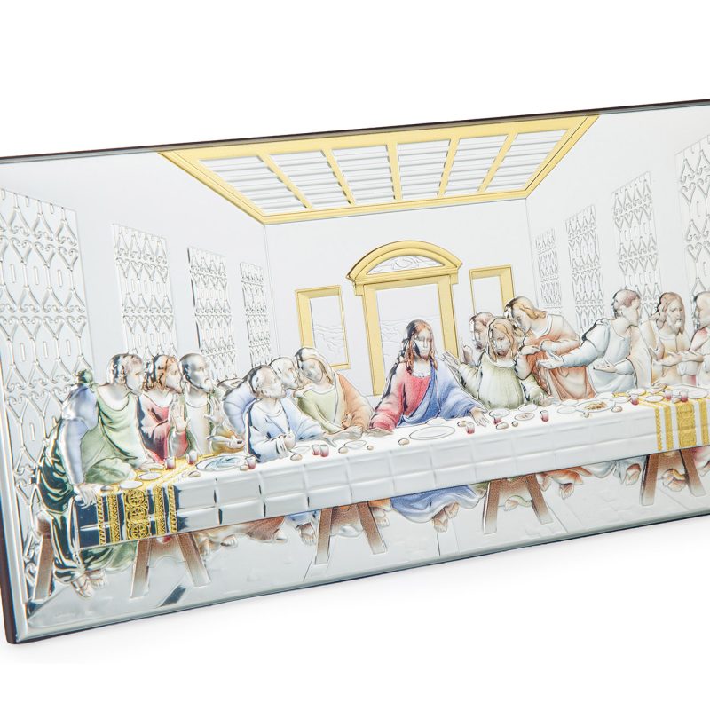 Quadro Ultima Cena in laminato argento e dettagli smaltati, da appoggio e da muro