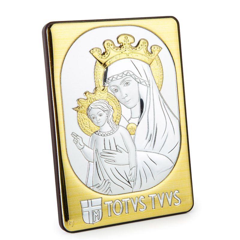 Quadro Madonna della Salute Mater Ecclesiae in laminato argento e oro, da appoggio e da muro