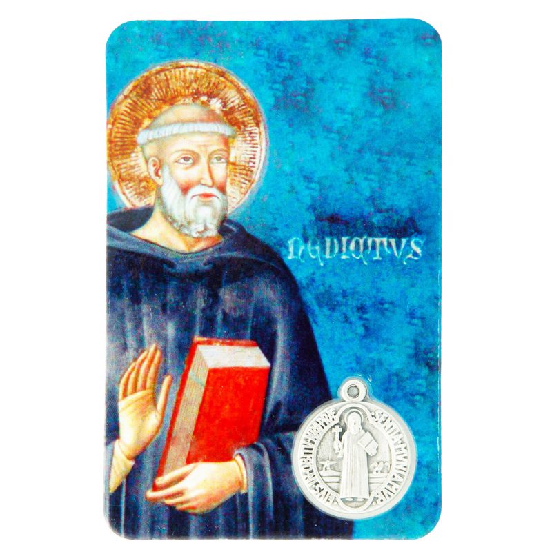 Santino plastificato multilingue con la medaglia di San Benedetto