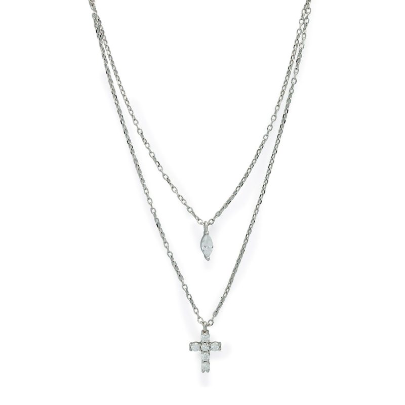 Collana doppia con croce e pendente a goccia in argento 925 e zirconi