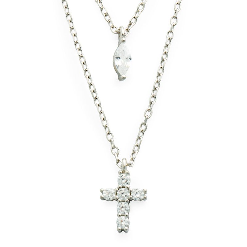 Collana doppia con croce e pendente a goccia in argento 925 e zirconi