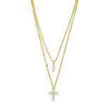 Collana doppia con croce e pendente a goccia in argento 925 dorato e zirconi