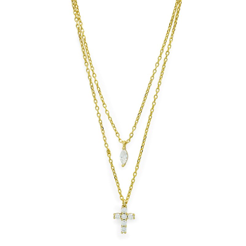 Collana doppia con croce e pendente a goccia in argento 925 dorato e zirconi