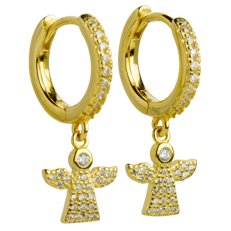 Orecchini cerchio con angelo in argento 925 dorato e zirconi