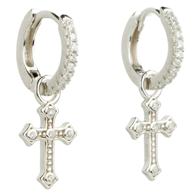 Orecchini cerchio con croce in argento 925 e zirconi