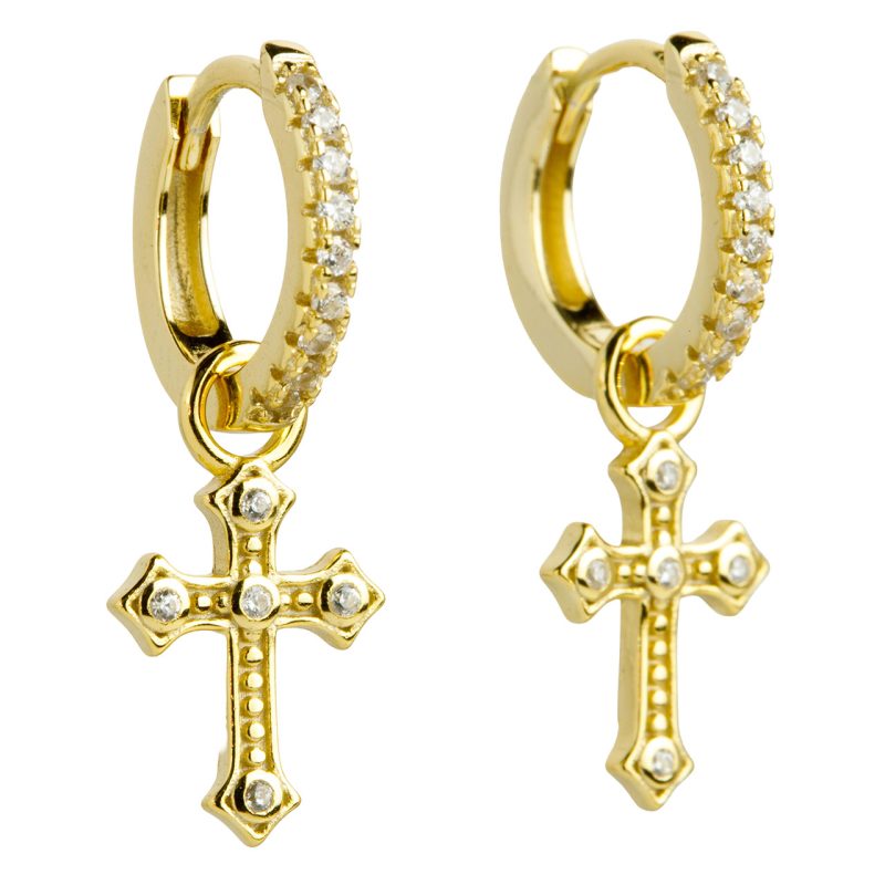 Orecchini cerchio con croce in argento 925 dorato e zirconi