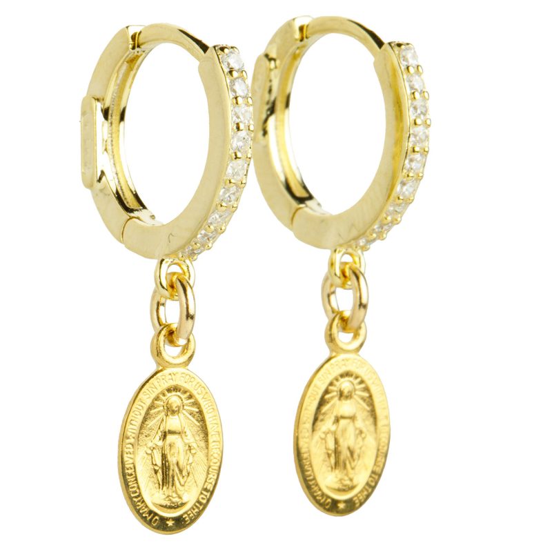 Orecchini cerchio con la Medaglia Miracolosa in argento 925 dorato e zirconi