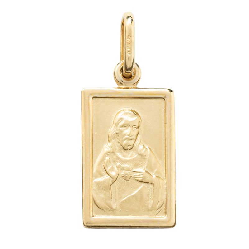Medaglia Scapolare rettangolare Sacro Cuore di Gesù e la Madonna del Carmine in oro 18 kt
