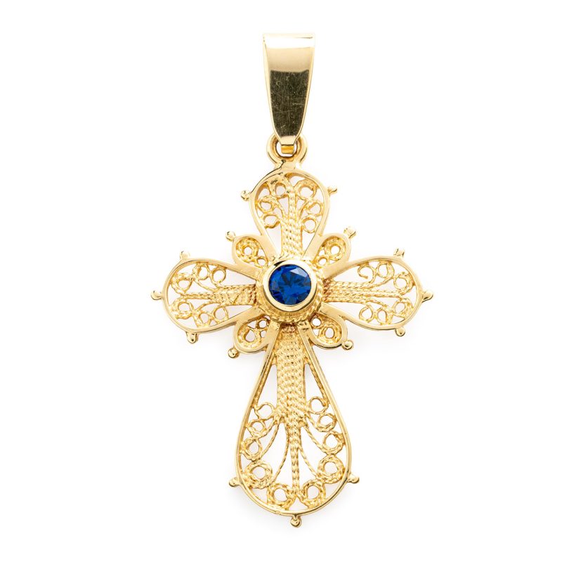 Croce filigrana in oro 18kt e pietra semipreziosa