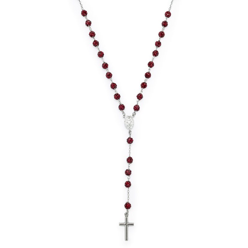 Rosario collana con la Medaglia Miracolosa in argento 925 e cristalli rossi