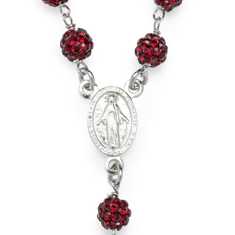 Rosario collana con la Medaglia Miracolosa in argento 925 e cristalli rossi