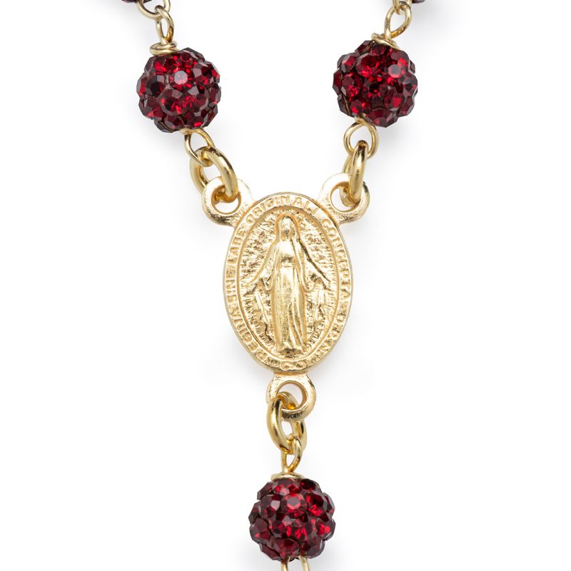 Rosario collana con la Medaglia Miracolosa in argento 925 dorato e cristalli rossi