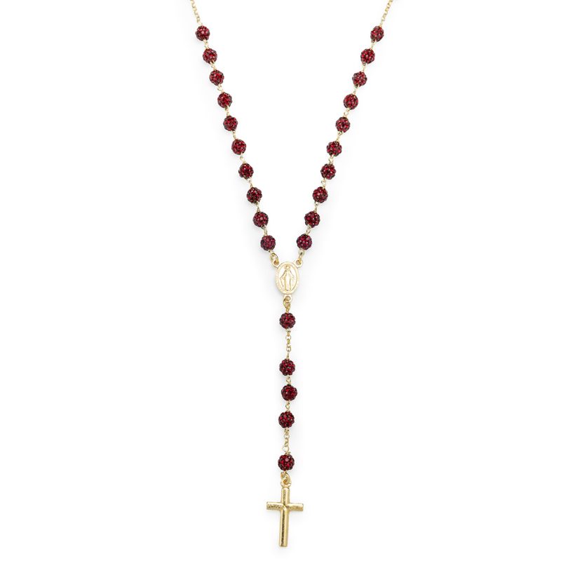 Rosario collana con la Medaglia Miracolosa in argento 925 dorato e cristalli rossi