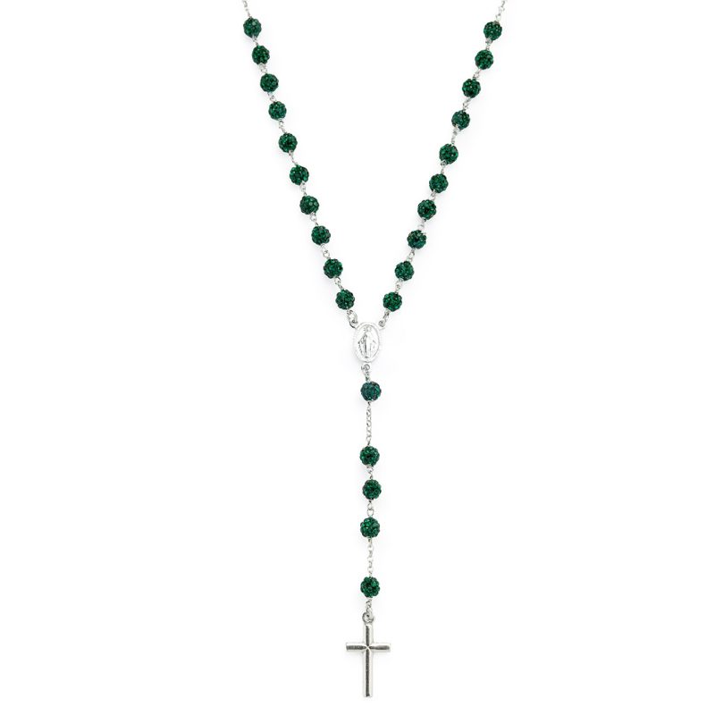 Rosario collana con la Medaglia Miracolosa in argento 925 e cristalli verdi