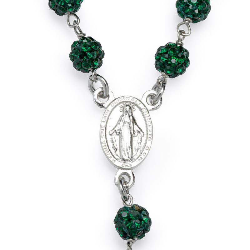Rosario collana con la Medaglia Miracolosa in argento 925 e cristalli verdi