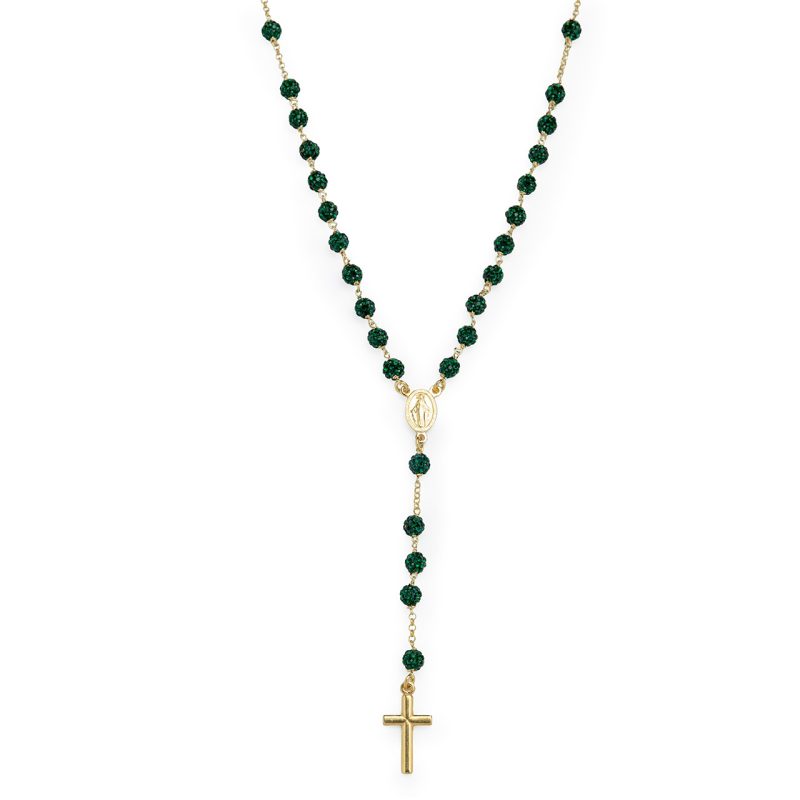 Rosario collana con la Medaglia Miracolosa in argento 925 dorato e cristalli verdi