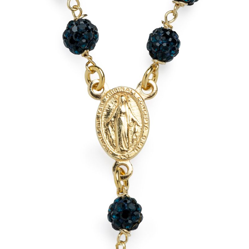 Rosario collana con la Medaglia Miracolosa in argento 925 dorato e cristalli blu