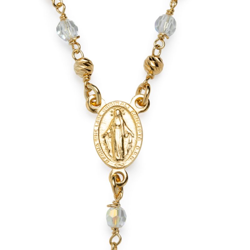 Rosario collana con la Medaglia Miracolosa in argento 925 dorato e cristalli