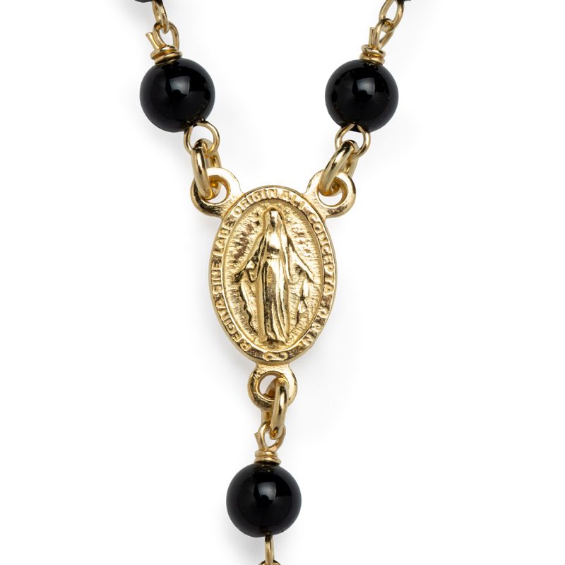Rosario collana con la Medaglia Miracolosa in argento 925 dorato e Onice Nero