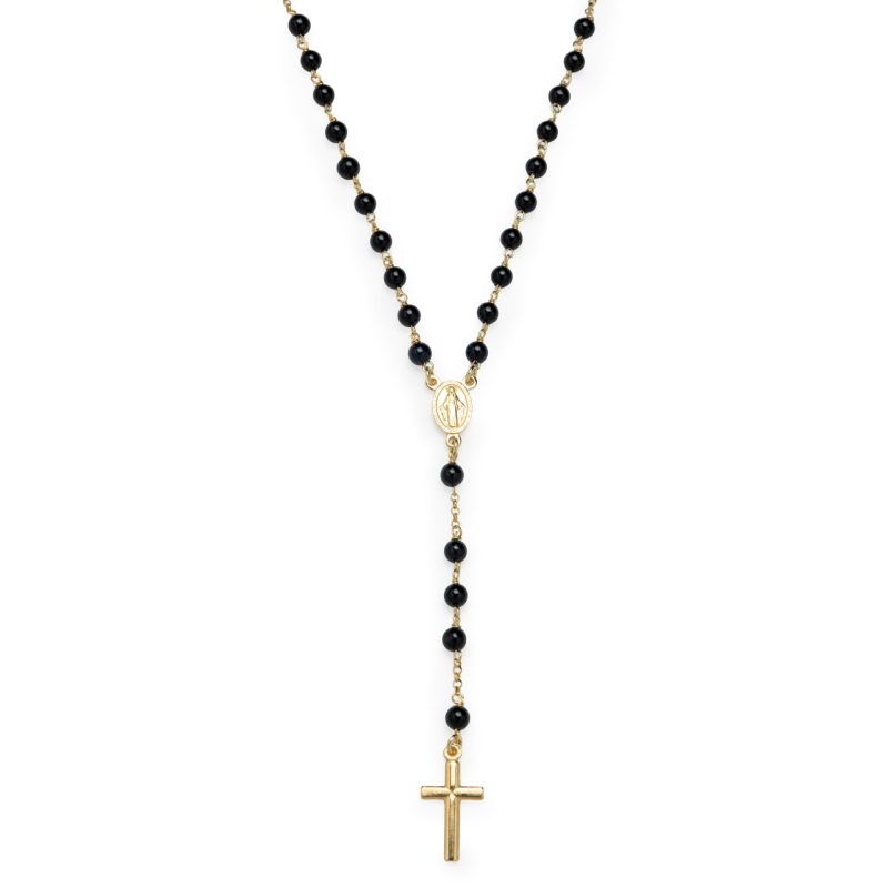 Rosario collana con la Medaglia Miracolosa in argento 925 dorato e Onice Nero