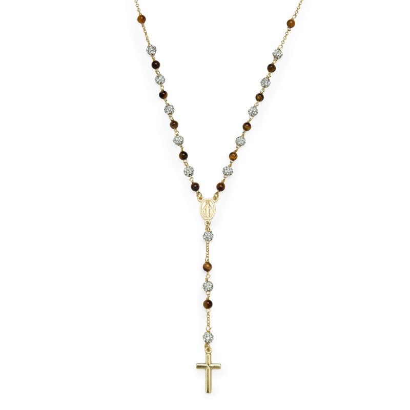 Rosario collana con la Medaglia Miracolosa in argento 925 dorato, Occhio di Tigre e cristalli
