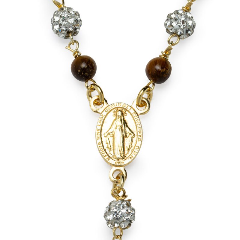 Rosario collana con la Medaglia Miracolosa in argento 925 dorato, Occhio di Tigre e cristalli
