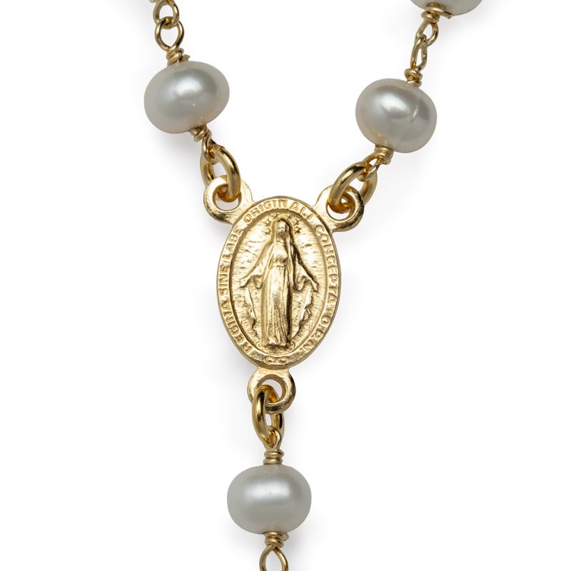 Rosario collana con la Medaglia Miracolosa in argento 925 dorato e Perla